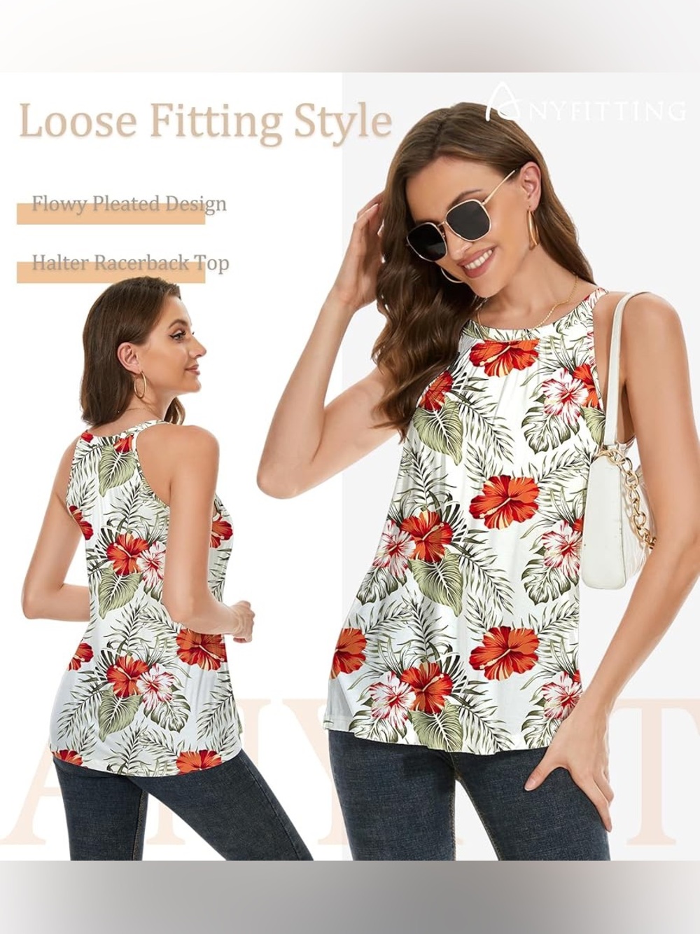 NWT Amazon White Halter Racerback Tank with Red Floral Print